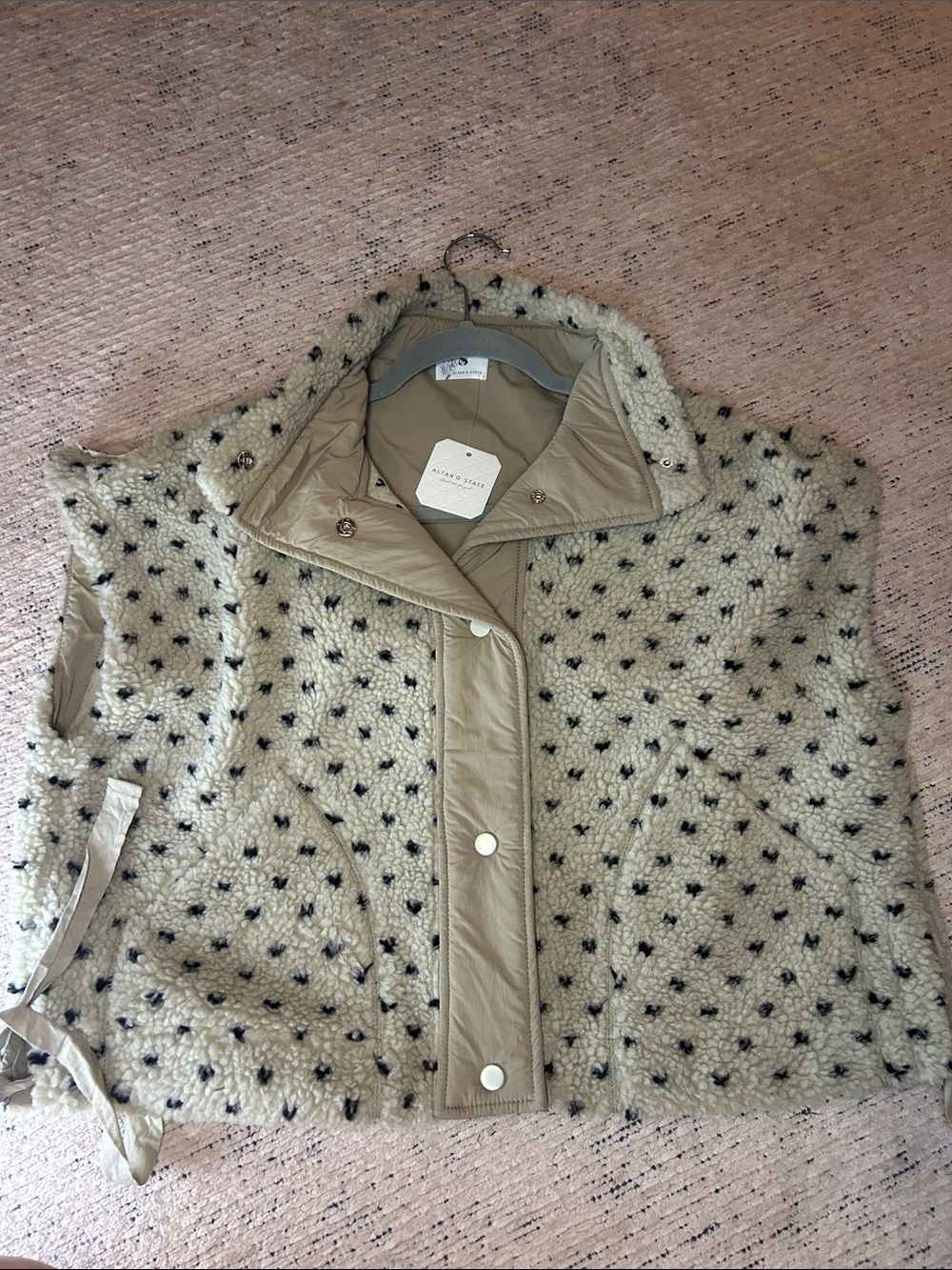 Altar'd State Cream Sherpa Vest with Black Dot Pattern and Quilted Trim